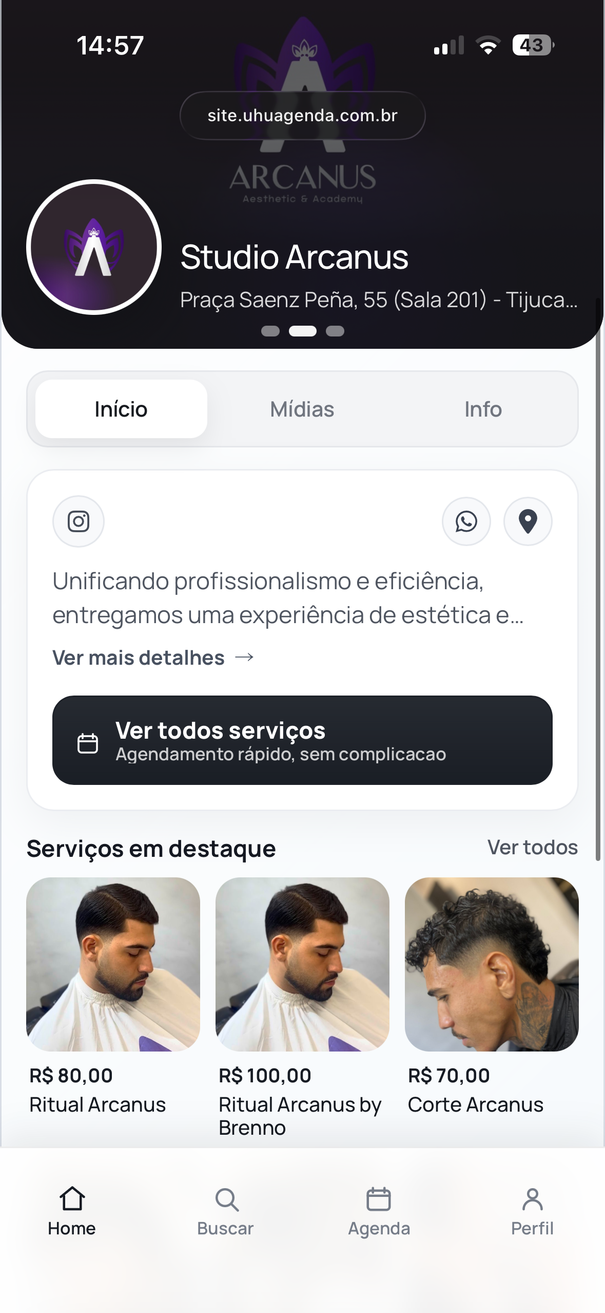Fluxo de agendamento online da UhuAgenda