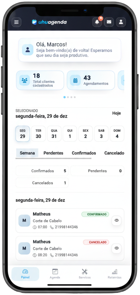 Painel administrativo da UhuAgenda
